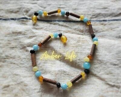 Natural Baltic Amber Hazelwood Blue Quartz Necklace (For Teething &amp; Fever)