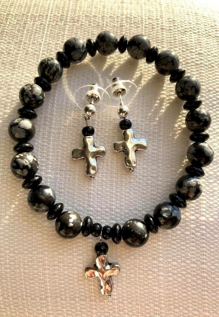 Snowflake Obsidian Cross Bracelet