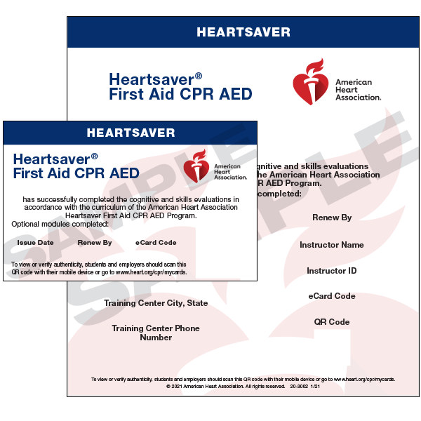 AHA Heartsaver First Aid C.P.R. AED E-Card