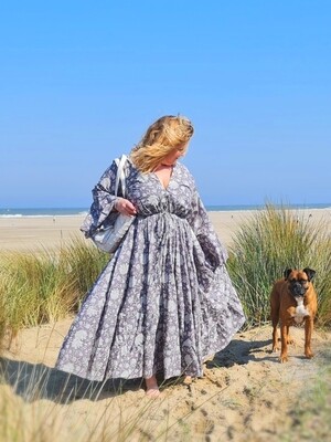Boho jurk BOMBAY 100% Katoen grijs/wit - plussize Ibiza dress uit India xxl 2xl 3xl 4xl in licht grijs