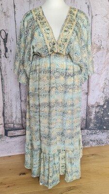 Hippie jurk TARIFA silky crème zeegroen goud - bohemian dress - One-Size-for-Plussize - India silk
