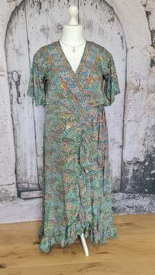 Wikkeljurk IBIZA silky turquoise/ koraal/ goud met korte mouw - maxi wrap dress short sleeve - XXL 2xl