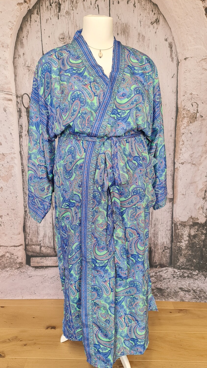 Plussize silky badjas PAROS lang - blauw/ groen - long lounge kimono - badjas grote maat 