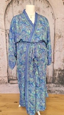 Plussize silky badjas PAROS lang - blauw/ groen - long lounge kimono - badjas grote maat 