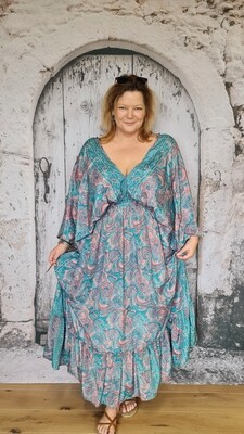 Hippie jurk TARIFA silky turquoise/ koraal roze - bohemian dress - One-Size-for-Plussize - India silk