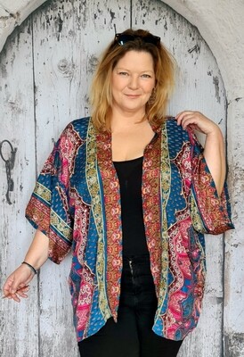 Jasje INDIA teal / fuchsia - Silky kimono - One-Size-for-Plussize