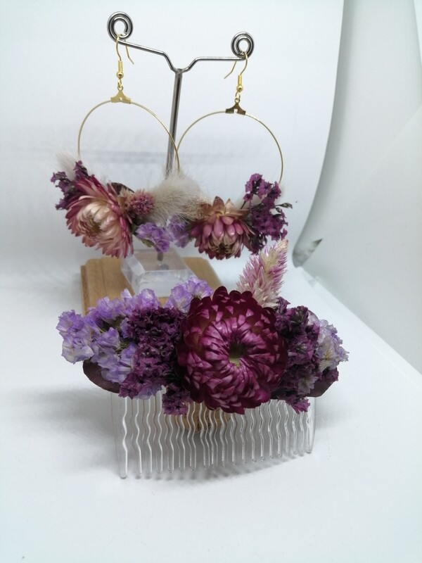 Boucle d' oreille "Fleurs des champs" bleu +peigne assorti  "parme/ violet" 