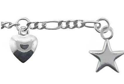 925 Silber Fußkette 25 cm mit Herz und Sternanhänger