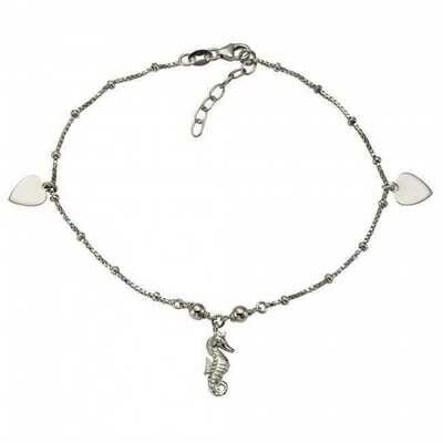 Silber Fußkette mit Herz und Seepferd Zwischenteil