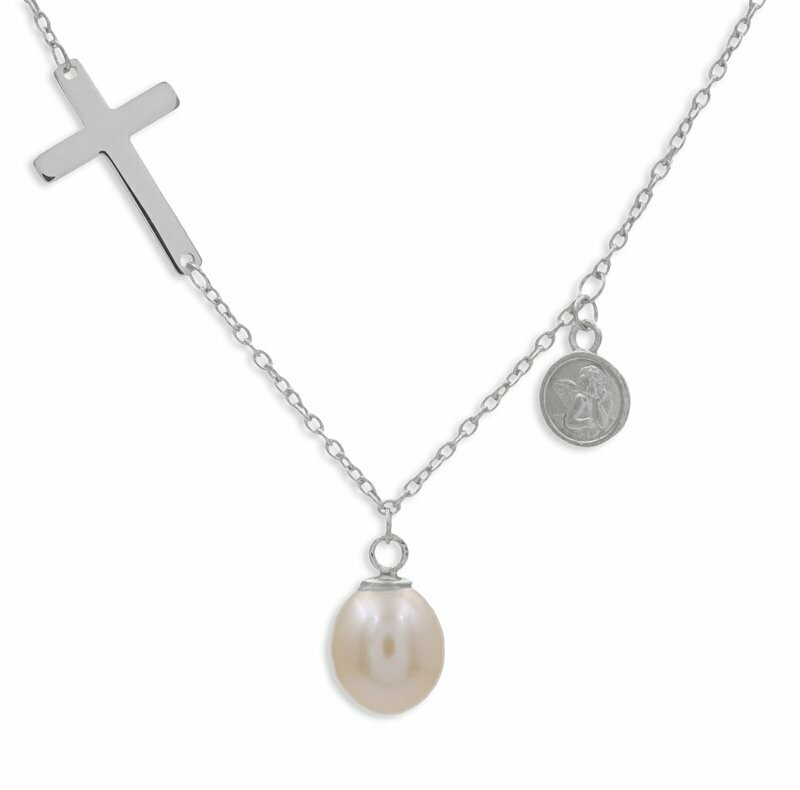 Silber Collier mit 3 Glücks Anhänger Perle Kreuz und Engel