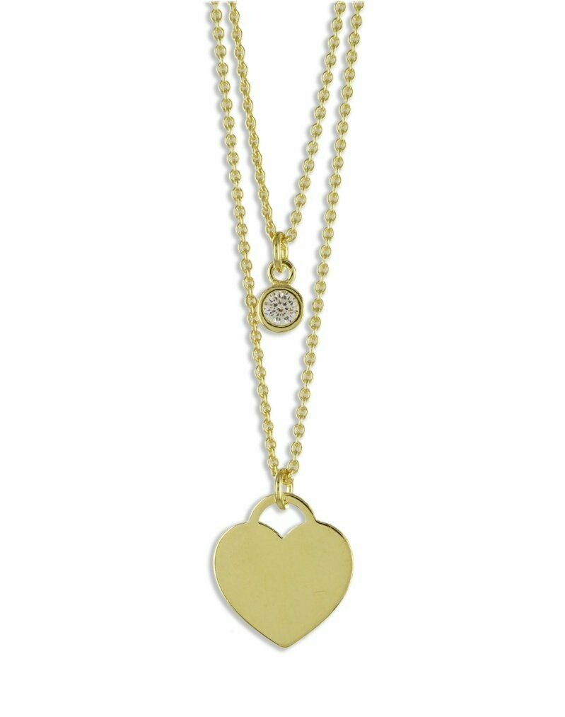 2 reihiges Collier mit Solitär Zirkonia und Herz Silber vergoldet