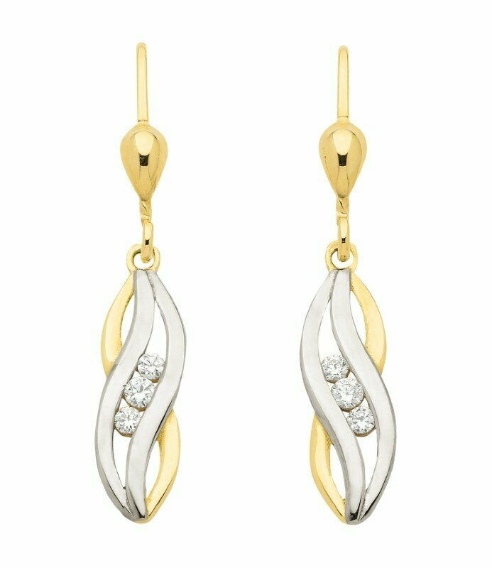 Gold Ohrringe geschwungener Ohrhänger bicolor mit Zirkonia