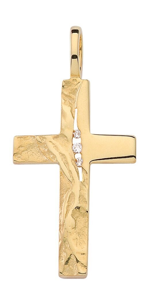 Gold Kreuz mit Zirkonia im gehämmerten Design