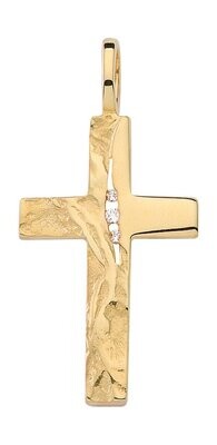 Gold Kreuz mit Zirkonia im gehämmerten Design