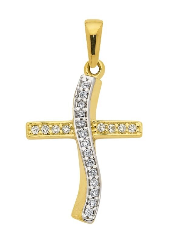 Kreuzanhänger aus 333 Gold mit Zirkonia 2farbig
