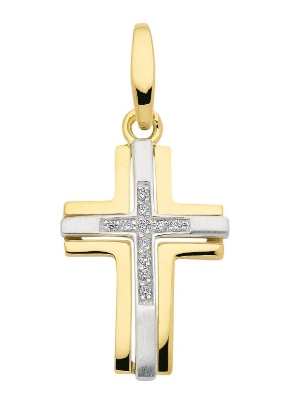 Moderner 333 Gold Kreuzanhänger bicolor 18mm mit Zirkonia