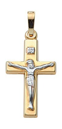 Gold Kreuz Anhänger als 2farbiges Kruzifix ca. 2,5cm lang