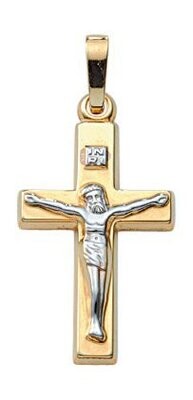 Gold Kreuz Anhänger als 2farbiges Kruzifix ca. 2,5cm lang