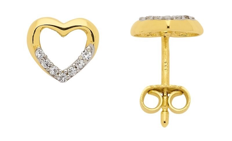 Gold Herz Ohrstecker glänzend mit Zirkonia modisch besetzt