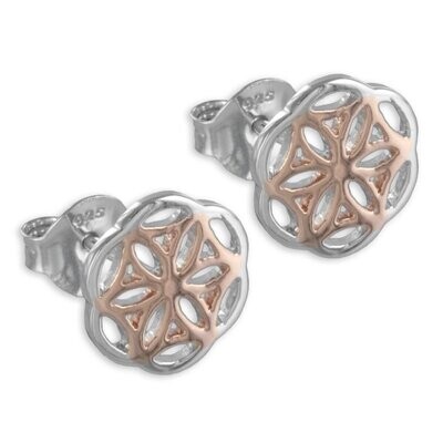 Bicolor Lebensblume Silber Ohrstecker teilw. rose vergoldet