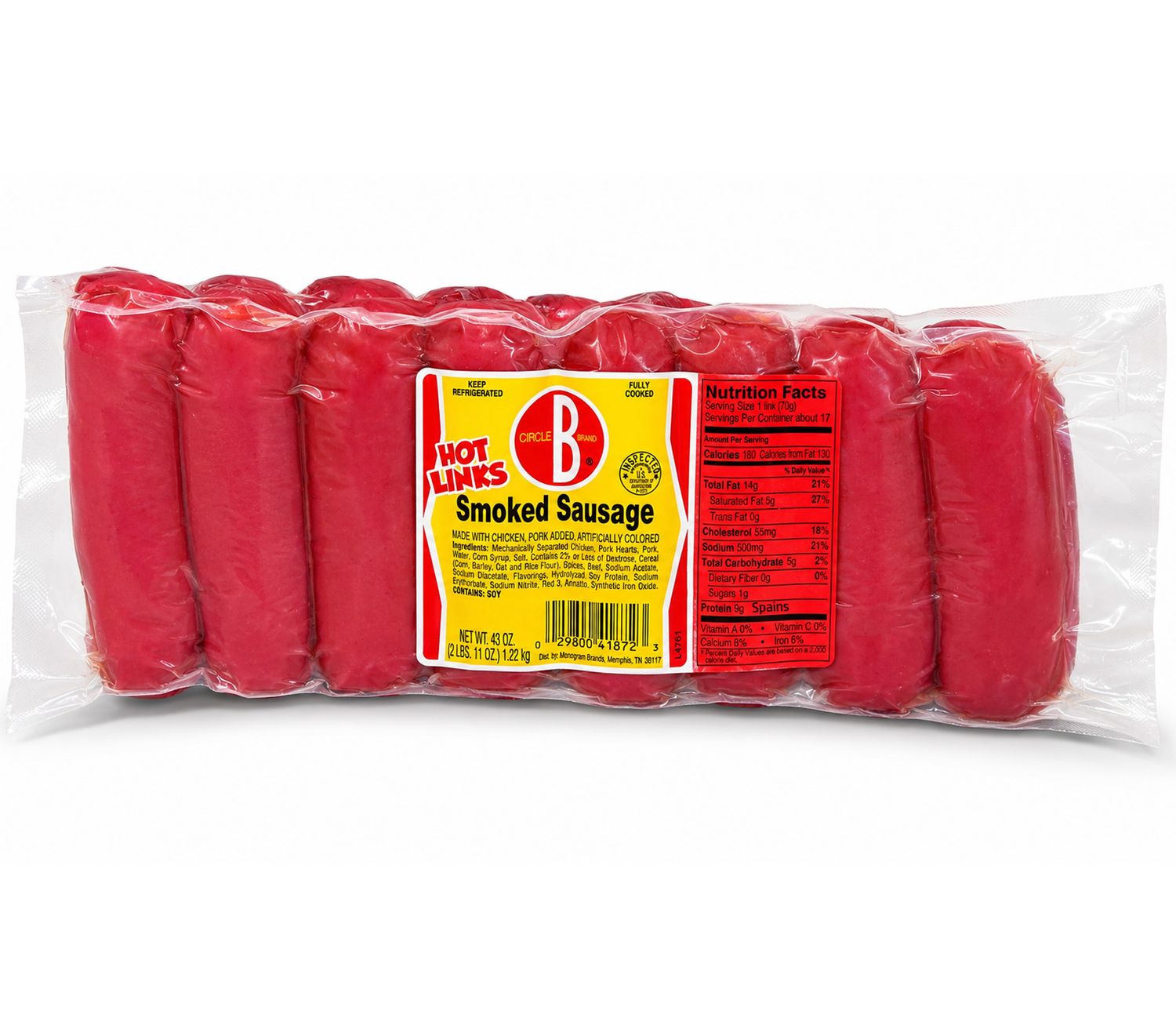 Circle B Hot Smoked Sausage, 43oz