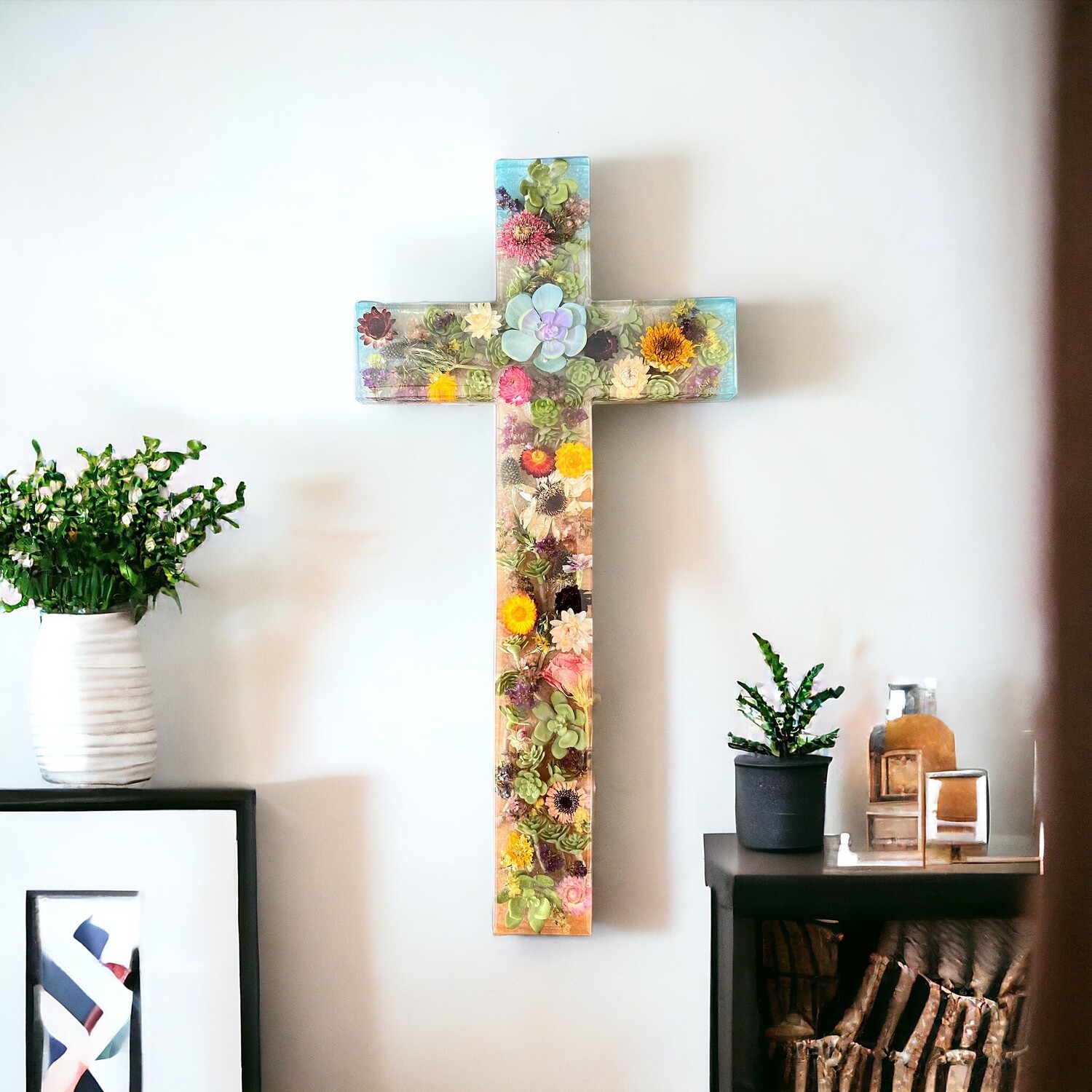 Preserved Floral Succulent Resin Cross