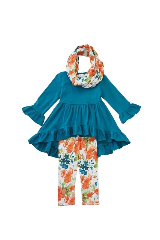  Teal tunic, floral leggings,  scarf 3 pcs set