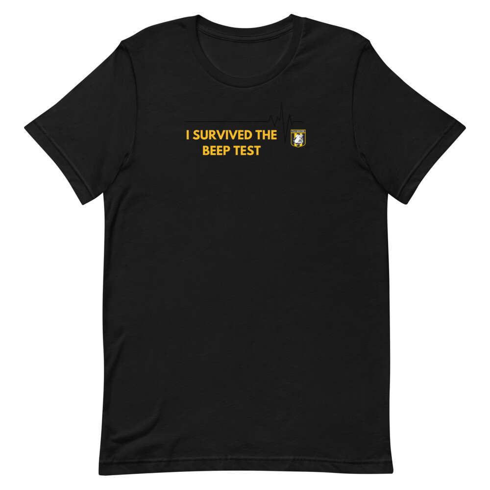 TLU MSOC I Survived the Beep Test Short-Sleeve Unisex T-Shirt (Bella+Canvas), Color: Black, Size: XS