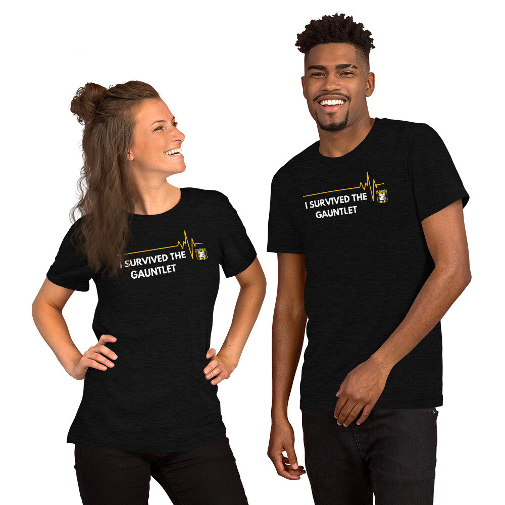TLU MSOC I Survived the Gauntlet Short-Sleeve Unisex T-Shirt (Bella+Canvas), Color: Black Heather, Size: S