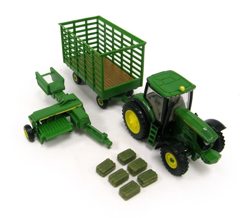 Tractor 6210R con vagón, fardos y empacadora Escala 1:64