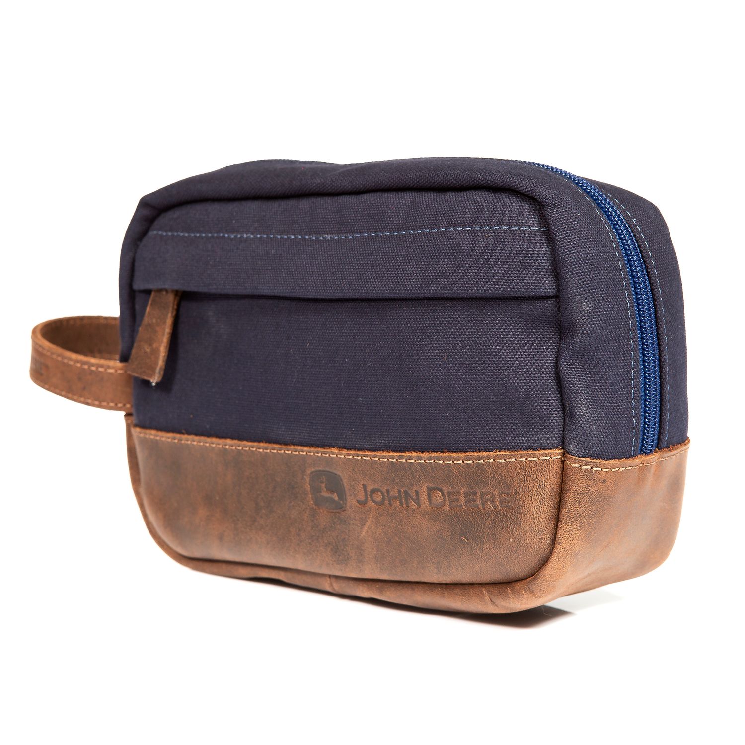 Neceser John Deere De Cuero Marron Y Lona Azul Marino