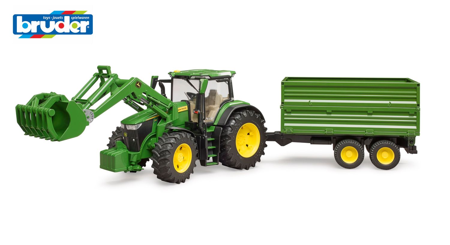 Tractor John Deere con Cargador Frontal, Garra para Silo y Acoplado Volcador - 1/16 Tractor John Deere con Cargador Frontal, Garra para Silo y Acoplado Volcador - 1/16