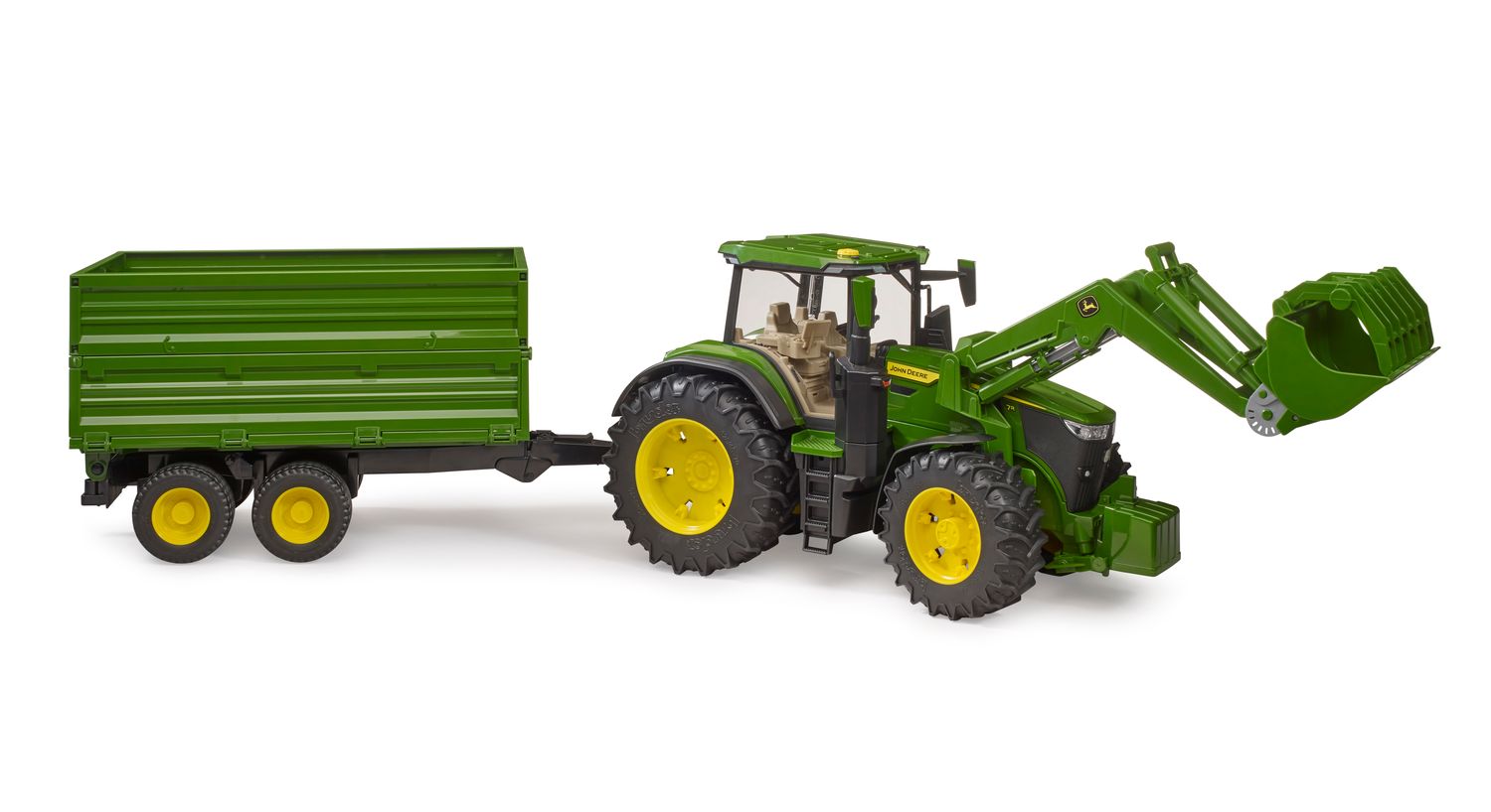Tractor John Deere con Cargador Frontal, Garra para Silo y Acoplado Volcador - 1/16 Tractor John Deere con Cargador Frontal, Garra para Silo y Acoplado Volcador - 1/16