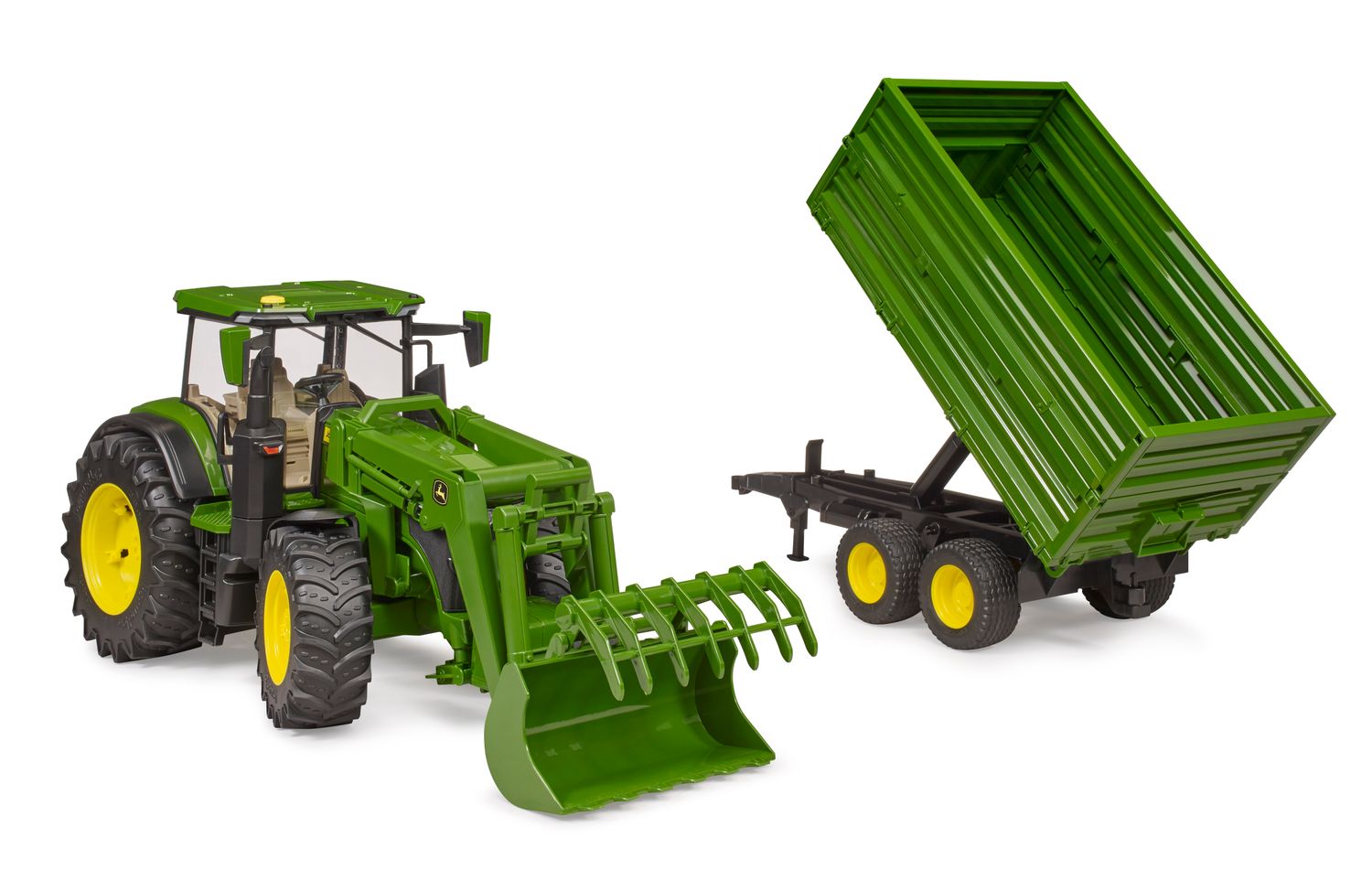 Tractor John Deere con Cargador Frontal, Garra para Silo y Acoplado Volcador - 1/16 Tractor John Deere con Cargador Frontal, Garra para Silo y Acoplado Volcador - 1/16