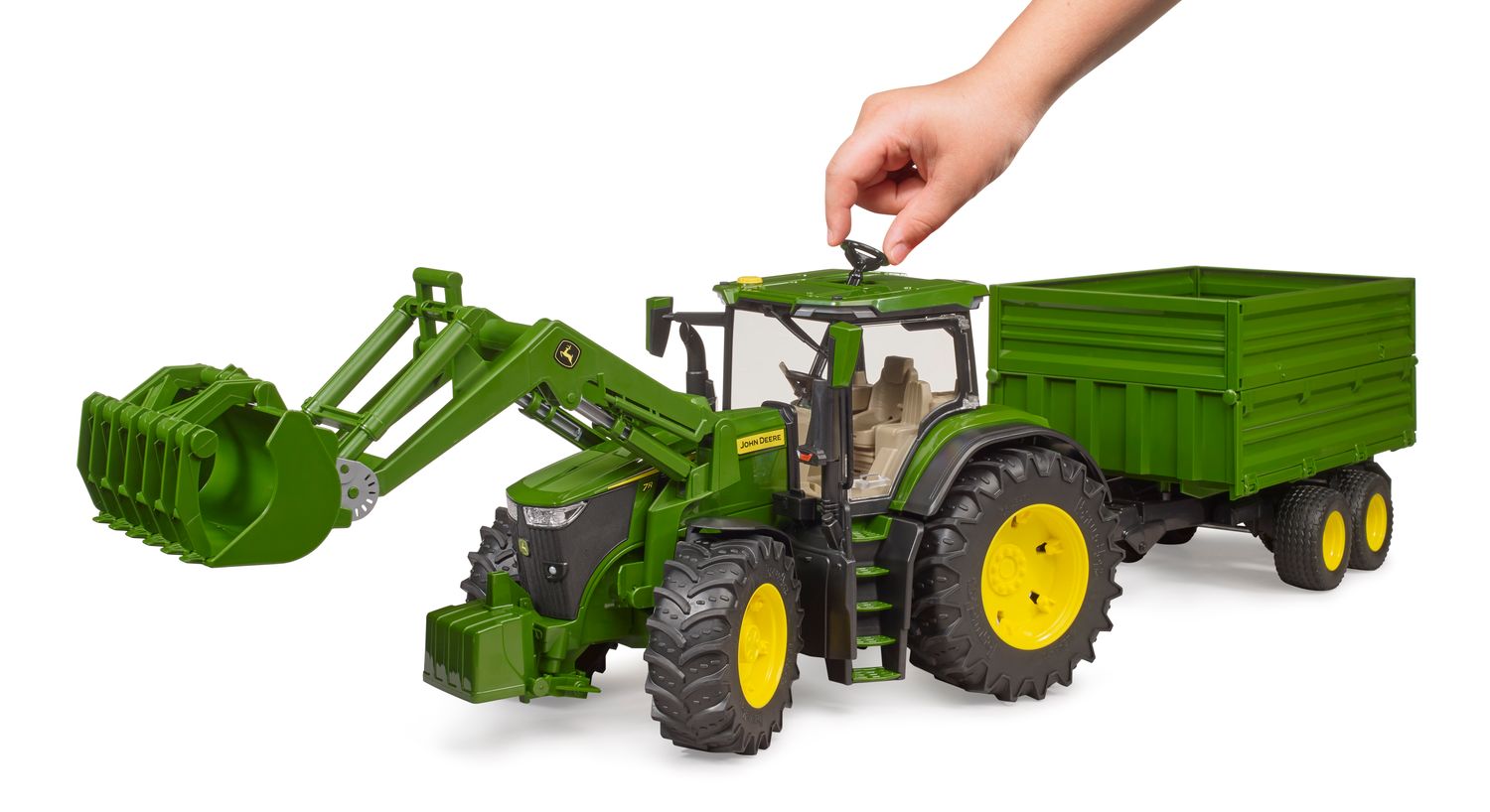 Tractor John Deere con Cargador Frontal, Garra para Silo y Acoplado Volcador - 1/16 Tractor John Deere con Cargador Frontal, Garra para Silo y Acoplado Volcador - 1/16