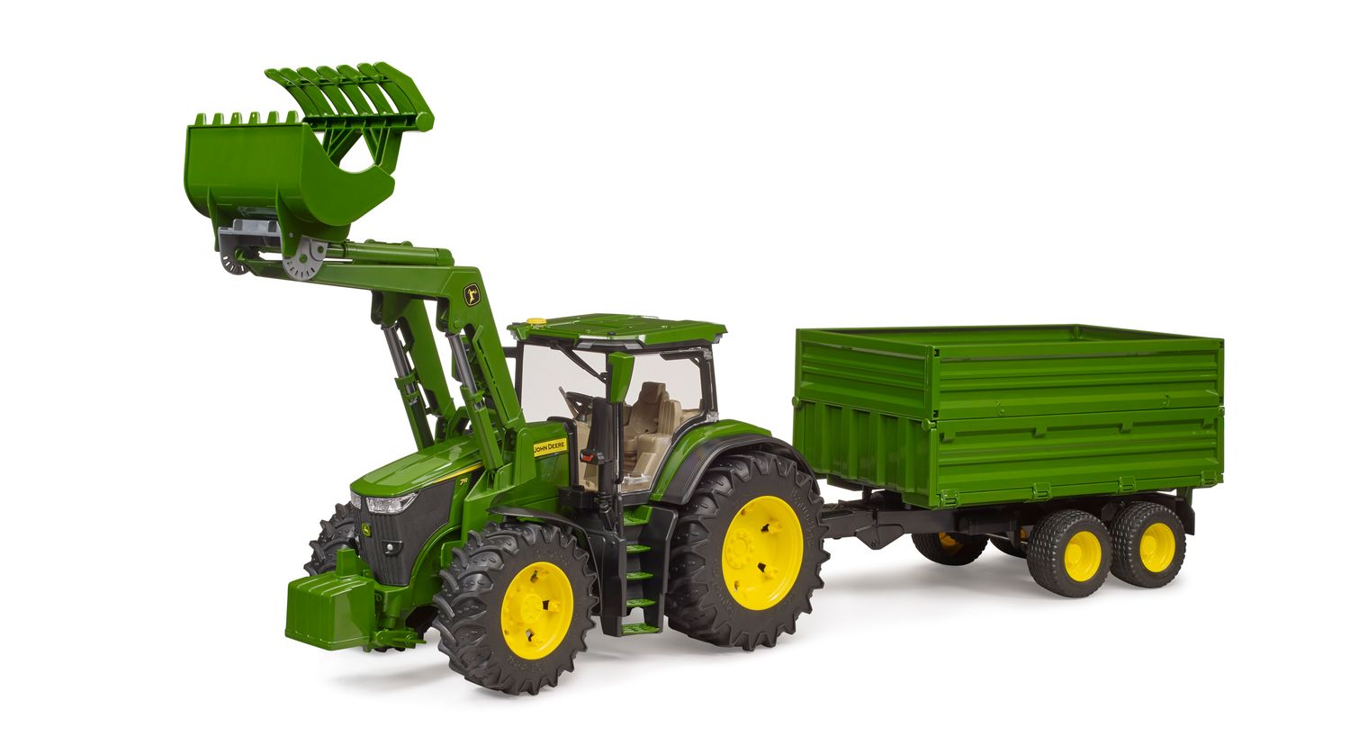 Tractor John Deere con Cargador Frontal, Garra para Silo y Acoplado Volcador - 1/16 Tractor John Deere con Cargador Frontal, Garra para Silo y Acoplado Volcador - 1/16