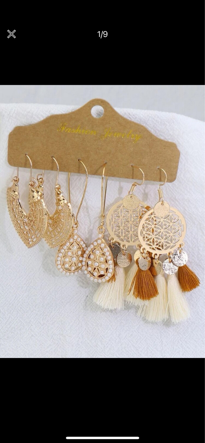Set of 3 Gold/brown/white Earrings