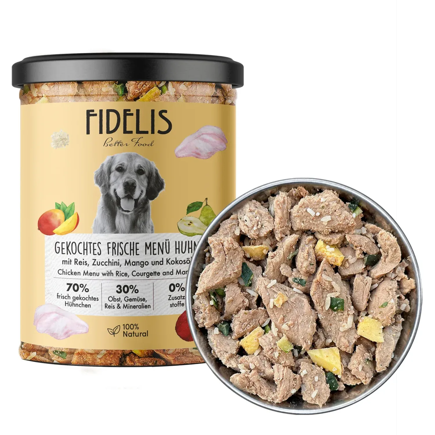 FIDELIS gekochtes Frische-Menü Huhn mit Reis, Zucchini und Mango (Glas)
