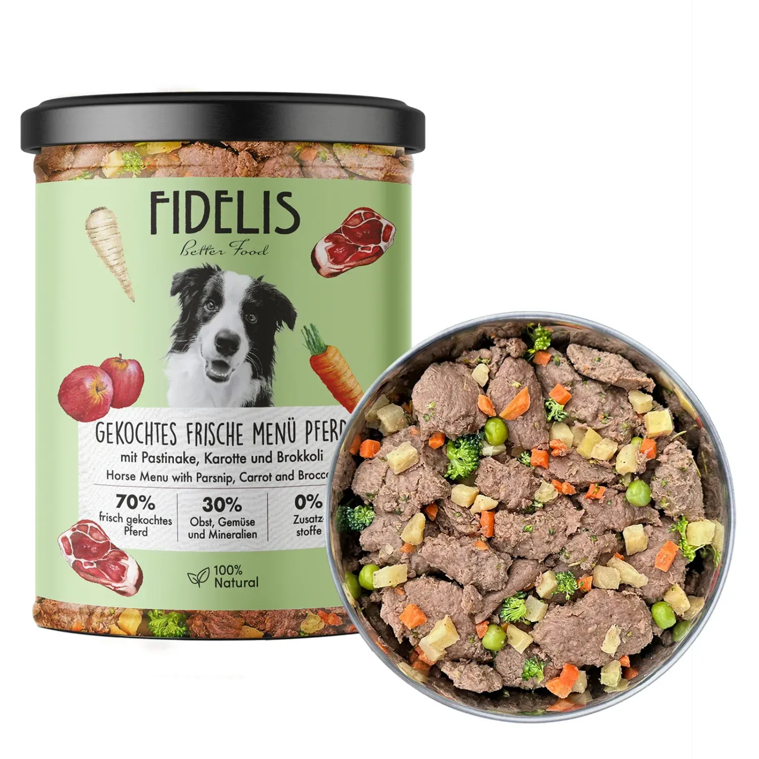 FIDELIS gekochtes Frische-Menü Pferd mit Pastinake, Karotte und Brokkoli (Glas)