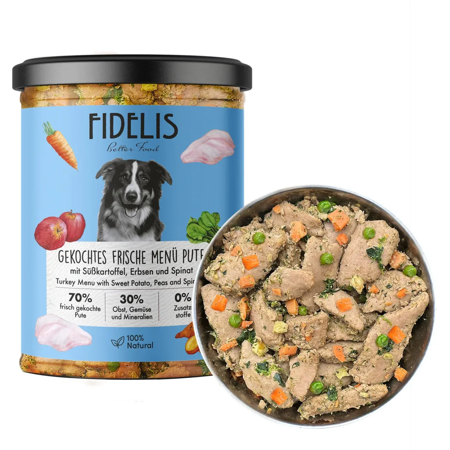 FIDELIS gekochtes Frische-Menü Pute mit Süßkartoffel, Erbsen und Spinat (Glas)