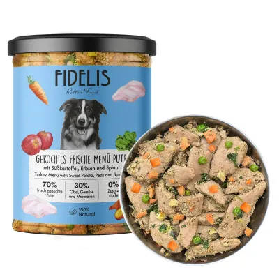 FIDELIS gekochtes Frische-Menü Pute mit Süßkartoffel, Erbsen und Spinat (Glas)