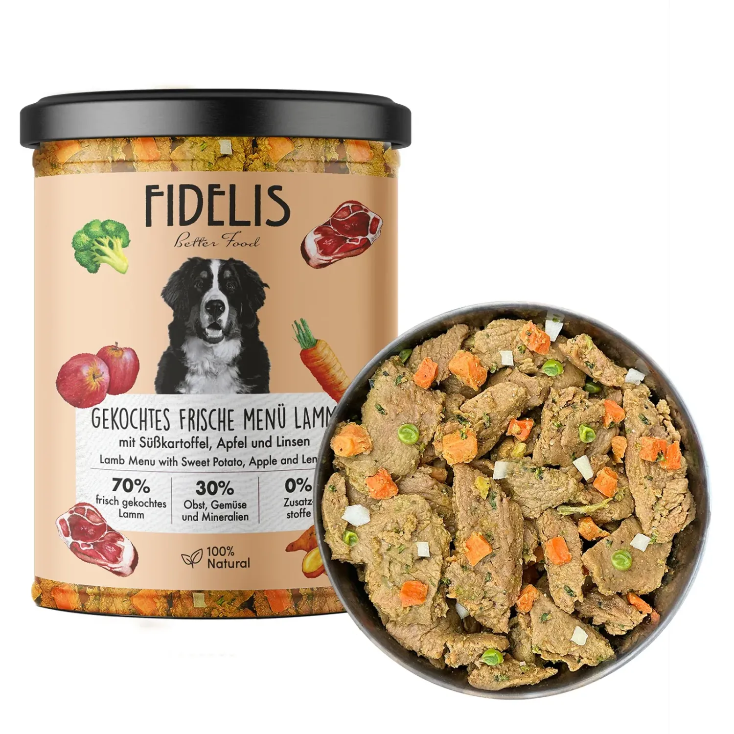FIDELIS gekochtes Frische-Menü Lamm mit Süßkartoffel, Apfel und Linsen (Glas)