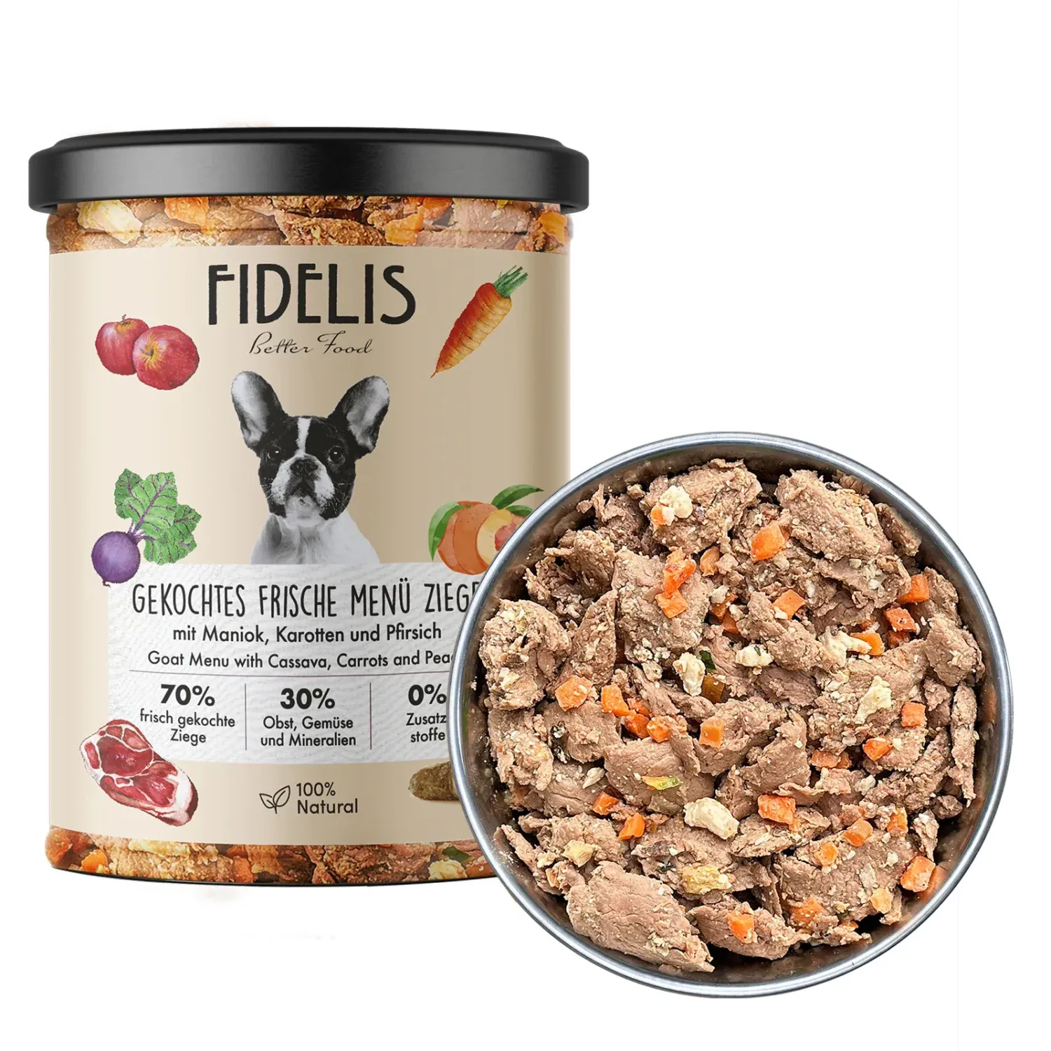 FIDELIS gekochtes Frische-Menü Ziege mit Maniok, Karotten und Pfirsich (Glas)