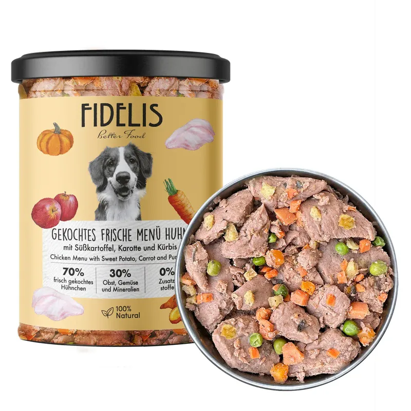 FIDELIS gekochtes Frische-Menü Huhn mit Süßkartoffel, Karotte und Kürbis (Glas)
