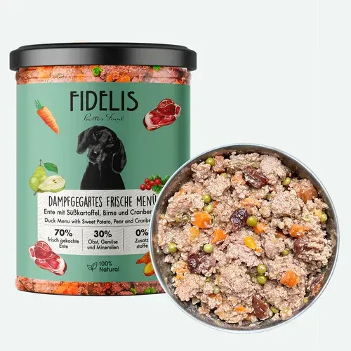 FIDELIS gekochtes Frische-Menü Ente mit Süßkartoffel, Birne und Cranberries (Glas)