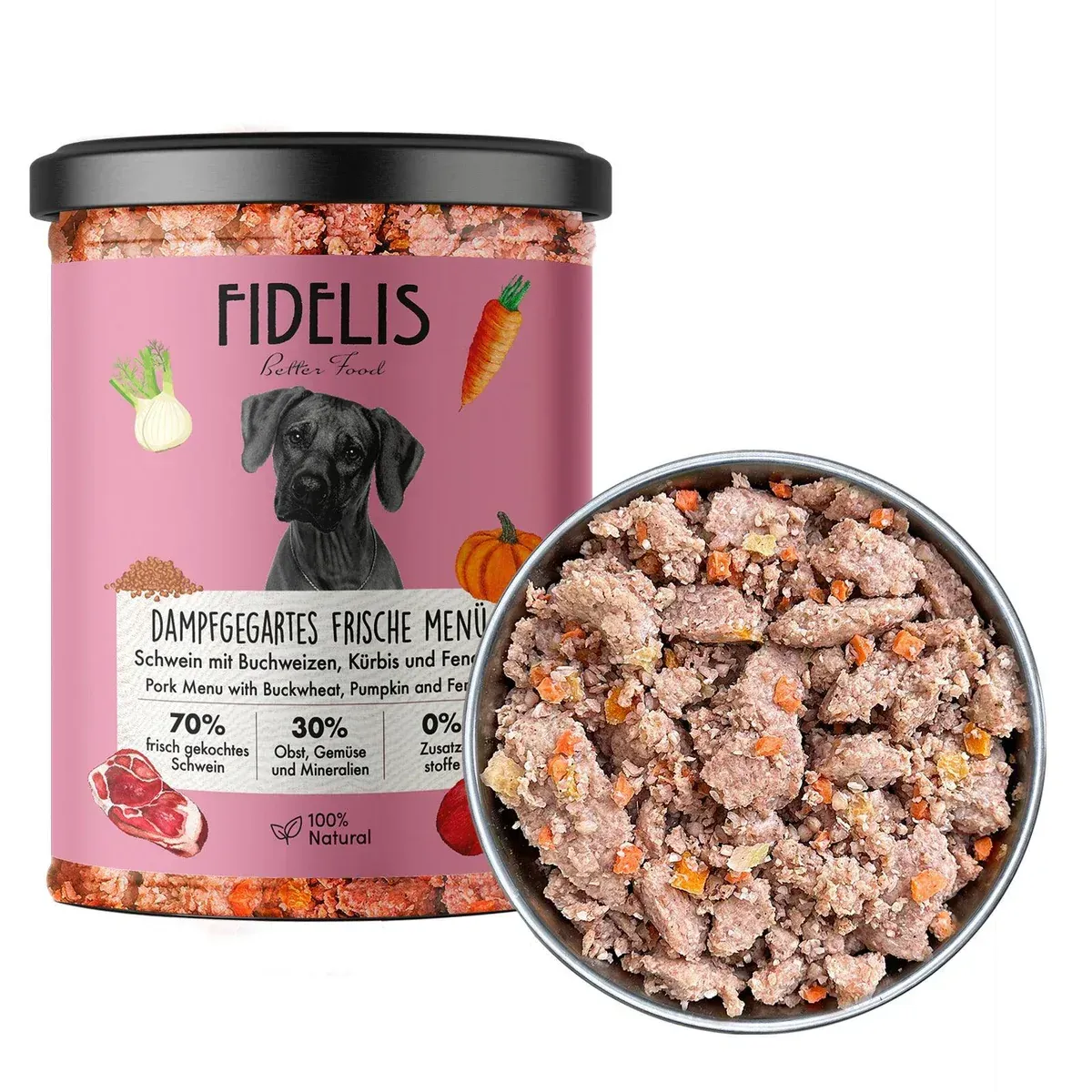 FIDELIS gekochtes Frische-Menü Schwein mit Buchweizen, Kürbis und Blaubeere (Glas)