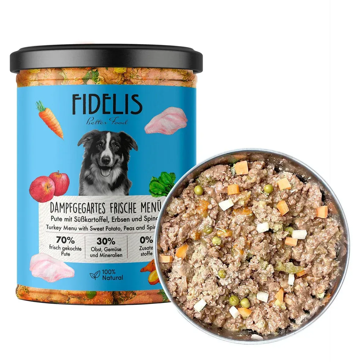 FIDELIS gekochtes Frische-Menü Pute mit Süßkartoffel, Spinat und Apfel (Glas)
