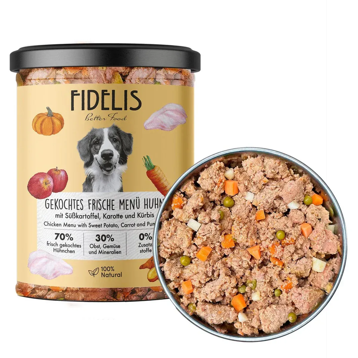 FIDELIS gekochtes Frische-Menü Huhn mit Süßkartoffel, Karotte und Apfel (Glas) FIDELIS gekochtes Frische-Menü Huhn mit Süßkartoffel, Karotte und Apfel (Glas)