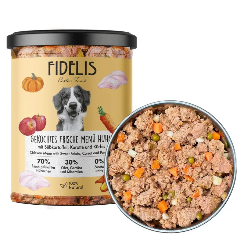 FIDELIS gekochtes Frische-Menü Huhn mit Süßkartoffel, Karotte und Apfel (Glas) FIDELIS gekochtes Frische-Menü Huhn mit Süßkartoffel, Karotte und Apfel (Glas)