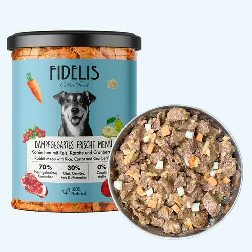 FIDELIS gekochtes Frische-Menü Kaninchen mit Reis, Karotte und Cranberries (Glas) FIDELIS gekochtes Frische-Menü Kaninchen mit Reis, Karotte und Cranberries (Glas)
